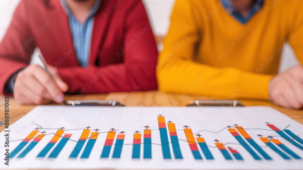 Poster two professionals analyzing colorful bar charts and financial statistics on paper, focusing on data 