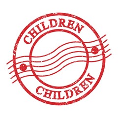 CHILDREN, text written on red postal stamp.