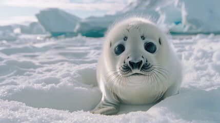 Baby white seal on snow in ice with copy space