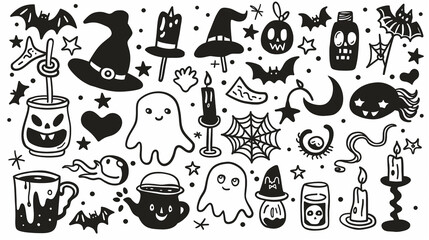 Halloween party elements doodle line art cute style with simple shapes and hand drawn flat design on solid white background