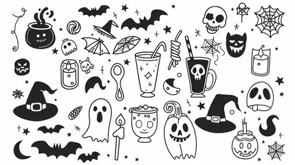 Halloween party elements doodle line art cute style with simple shapes and hand drawn flat design on solid white background