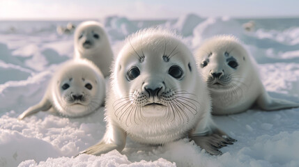 A group of white seals on snow in ice in the north
