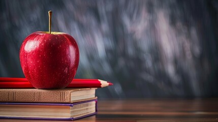 Educational Setting with Red Apple, Stacked Books, and Colored Pencils. Generative AI