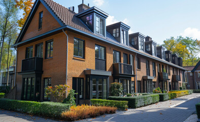 Brick Row Houses With Fall Foliage. A row of brick houses with black trim and dormer windows, set against a backdrop of fall foliage