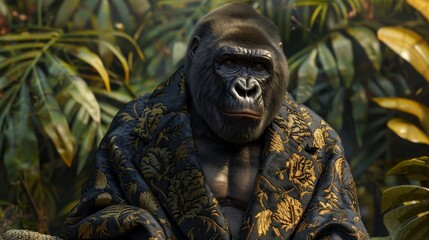 Obraz premium A Majestic Gorilla Dressed in a Golden Floral Robe, Digital Art, Gorilla, Robe, Jungle, Animal Portrait