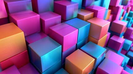 Obraz premium Abstract 3D Composition of Shiny Cubes in Pink, Blue, and Orange, abstract, 3d, cube, background, design