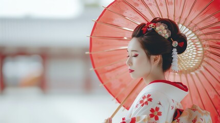 Elegant woman in traditional Japanese kimono with red umbrella, showcasing cultural heritage and beauty in serene setting.