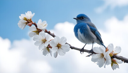 Fototapeta premium Small blue bird perched on a branch with white cherry blossoms against a blue sky with clouds 