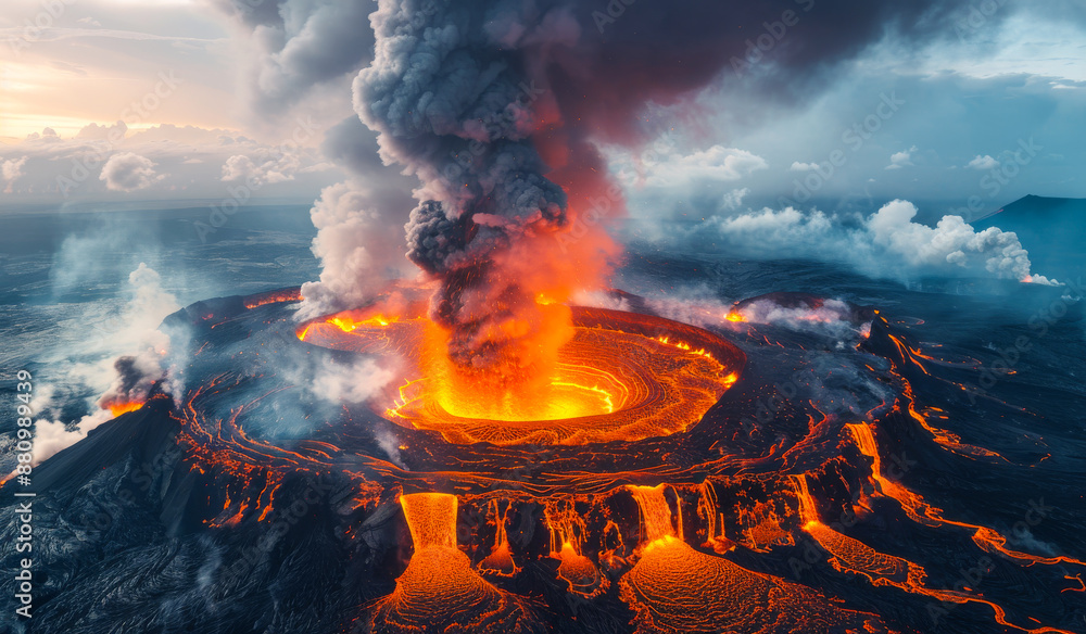 Poster aerial view of erupting volcano with lava flow. an aerial view of a volcano erupting with lava flowi