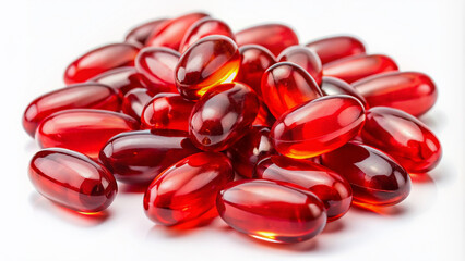 Close-up of red krill oil pills or soft gels arranged on a white background, highlighting their vibrant color and healthy nutritional benefits rich in omega-3.