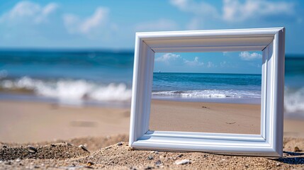 Blank picture frame close up with a vibrant blue background on a sandy beach