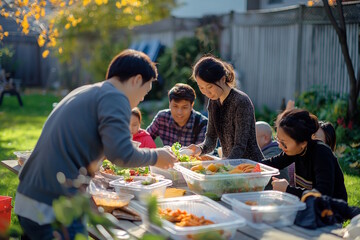 Asian family preparing food together at an outdoor picnic table. Concept of family bonding, outdoor activities, and autumn gatherings