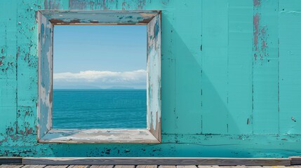 Blank picture frame close up with a vibrant turquoise background at a seaside pier