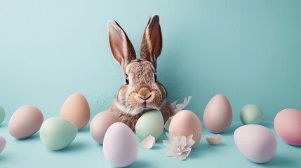 Cute Bunny Peeking Through Pastel Easter Eggs, Bunny , Easter , Eggs , Spring