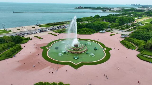 Drone Aerial of Buckingham Fountain, Grant Park in downtown Chicago 4K