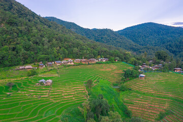 Aerial view of rice field Pa​ Bong​ Piang​ Rice Terraces​ at Pa Bong Piang village in Mae Cham, Chiangmai, Thailand.
