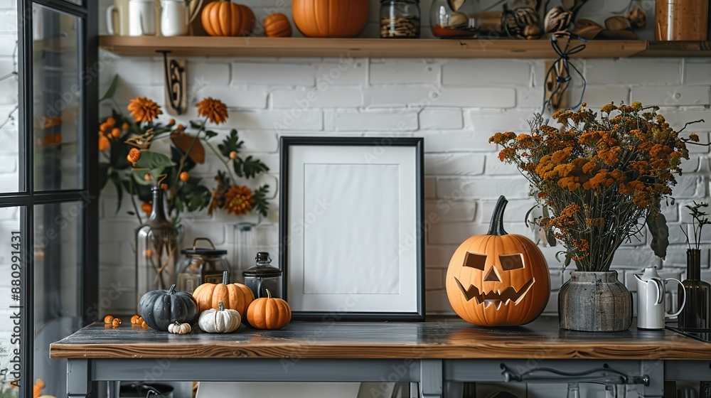 Wall mural photo frame mockup,jack o lantern pumpkins skull vase of dried flowers on table in scandinavian styl