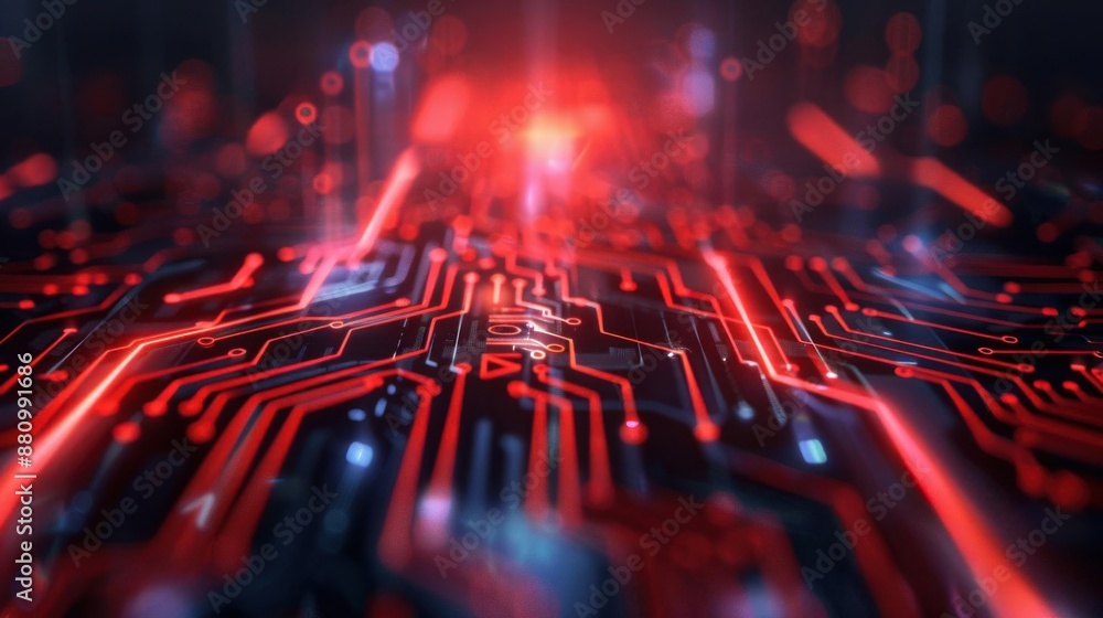 Poster closeup of a futuristic digital circuit board with red glowing lines, representing advanced technolo