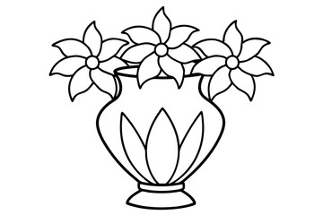 Black and white coloring book drawing, only thick outlines, no grayscale, for kids cartoon style, decorative Verdant Vase with flowers, vector illustration