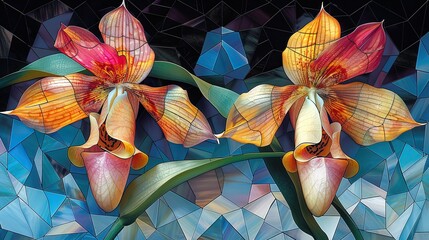 Vibrant stained glass artwork featuring two orchids with a geometric background, showcasing intricate details and a blend of rich colors.
