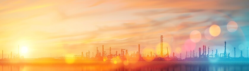 Fototapeta premium Scenic industrial landscape at sunrise with colorful sky, vibrant reflections, and factory silhouettes in the background. Panoramic view.