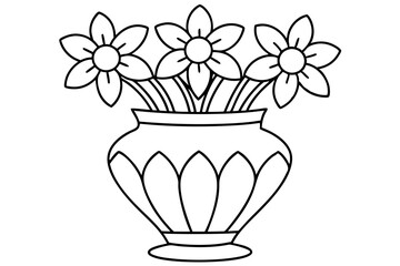 Black and white coloring book drawing, only thick outlines, no grayscale, for kids cartoon style, decorative Verdant Vase with flowers, vector illustration