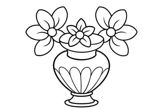 recommend clip art: Black and white coloring book drawing, only thick outlines, no grayscale, for kids cartoon style, decorative Verdant Vase with flowers, vector illustration