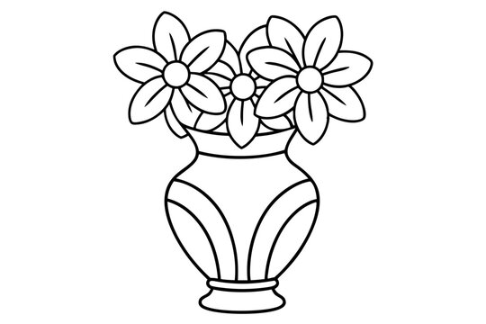 recommend clip art: Black and white coloring book drawing, only thick outlines, no grayscale, for kids cartoon style, decorative Verdant Vase with flowers, vector illustration