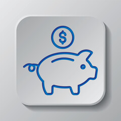 Piggy bank with coin simple icon vector. Flat design. Paper cut design. Cutted blue symbol with shadow. Gray badge button, gray background