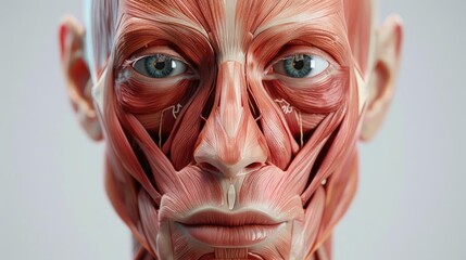Detailed 3D illustration of the human face with underlying muscles, Human Body Anatomy, facial anatomy reference