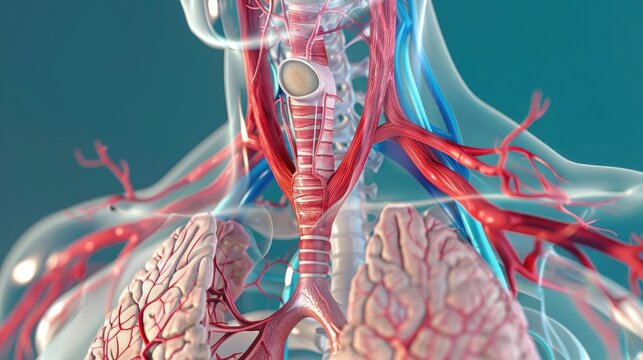 Detailed 3D illustration of the human trachea and bronchi, Human Body Anatomy, lower respiratory reference