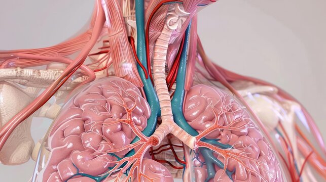Detailed 3D illustration of the human trachea and bronchi, Human Body Anatomy, lower respiratory reference