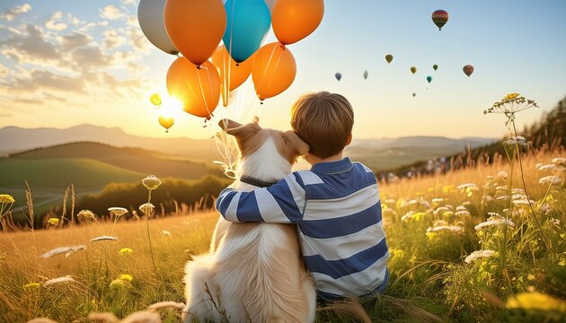 Cena em que uma crian&ccedil;a abra&ccedil;a seu cachorro em um campo ensolarado, com bal&otilde;es flutuando ao fundo, simbolizando a profunda conex&atilde;o e felicidade entre ele.