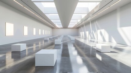 Minimalist Gallery Interior with Sunlight and Square Plinths, gallery, architecture, modern, interior design