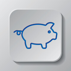 Piggy simple icon vector. Flat design. Paper cut design. Cutted blue symbol with shadow. Gray badge button, gray background