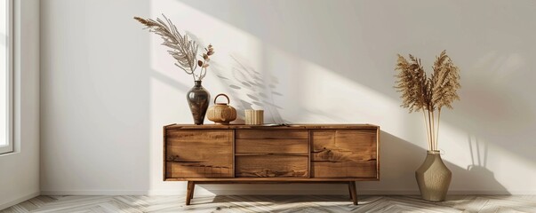 Minimalist Living Room with Wooden Sideboard and Dried Flowers, Sideboard , Dried Flowers , Minimalist Interior , Home Decor