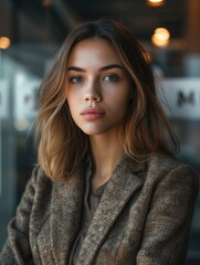 A woman with long hair wearing a casual jacket, suitable for a variety of uses including travel, outdoor activities or everyday life