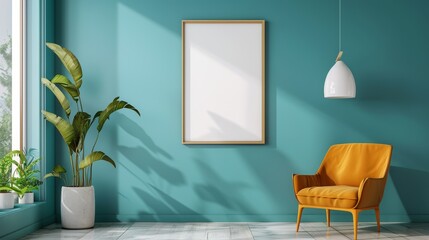 Modern Minimalist Interior with Blank Canvas, Teal Wall, and Orange Armchair, interior design, living room, minimalist, mockup