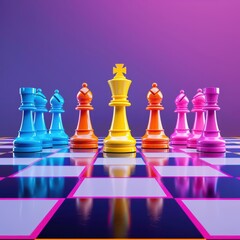 Colorful chess pieces on a checkered board, illuminated with vibrant lights, creating a modern and artistic chess scene.