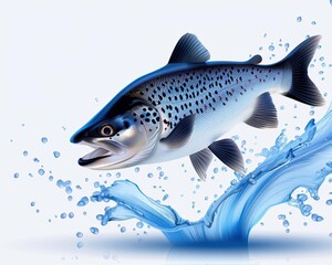 Detailed illustration of a jumping fish with water splash on a white background, symbolizing freshness and vitality.