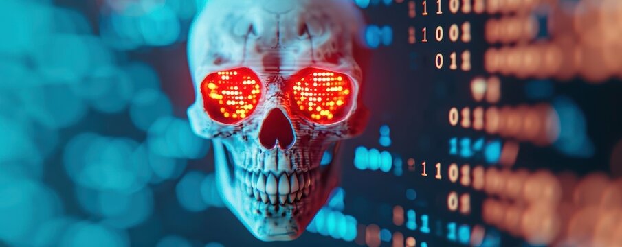 Digital skull with binary code and glowing eye sockets, representing cyber threats and digital security in a futuristic setting.