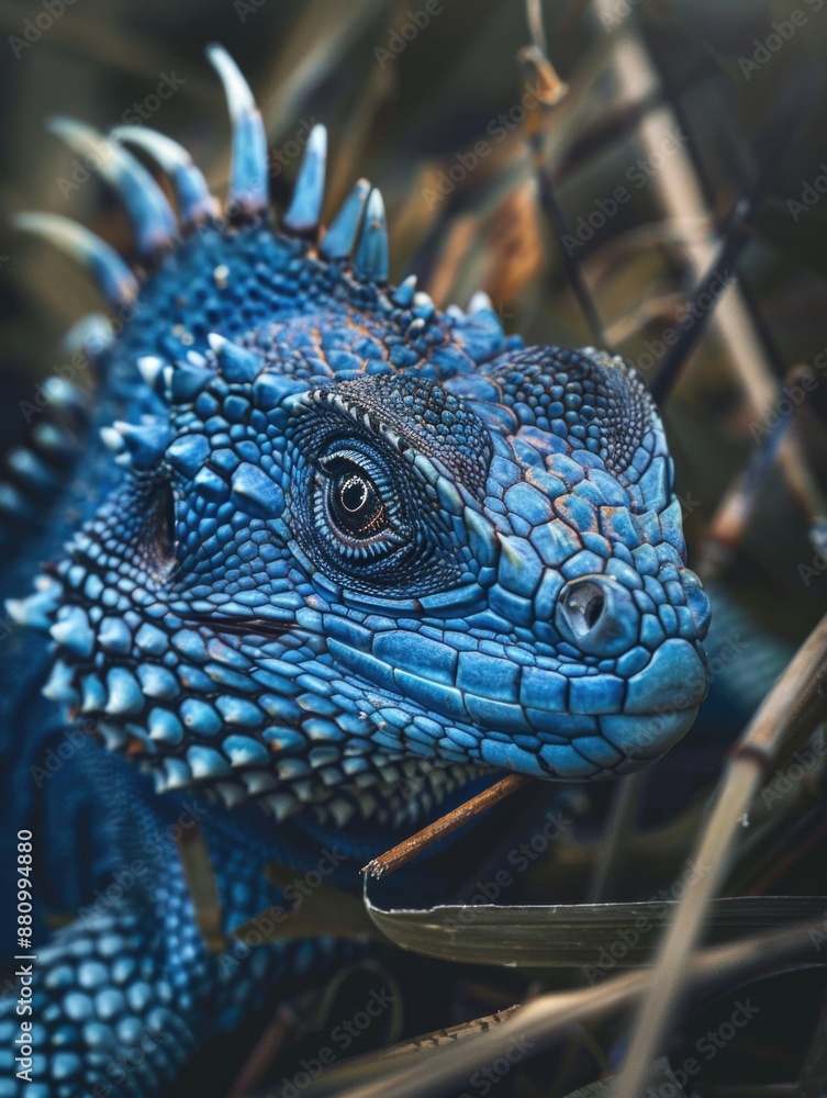 Poster a close-up shot of a blue iguana sitting on grass, one informative phrase about what pictured on ima