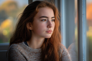 young portrait looking seriously out the window