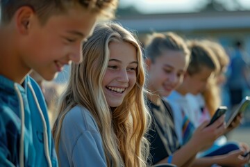 Fototapeta premium Group of teenagers smiling and using smartphones outdoors. Candid photography of social interaction.