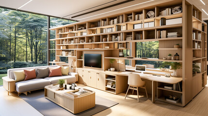 Modern interior of a home office combined with a library and a relaxation area