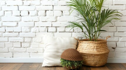 Rustic home decor with wicker basket pillow plant against white brick wall