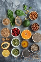 A colorful arrangement of various fruits and vegetables arranged in small bowls