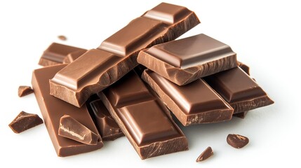 close up side view on brown broken cocoa chocolate bar chunks pile heap on white background	