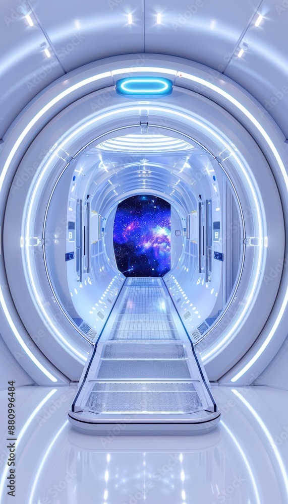 Poster futuristic sci-fi corridor with glowing lights leading to a portal that opens into a starry outer sp