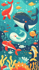 Underwater scene in a flat design style cartoon children illustration